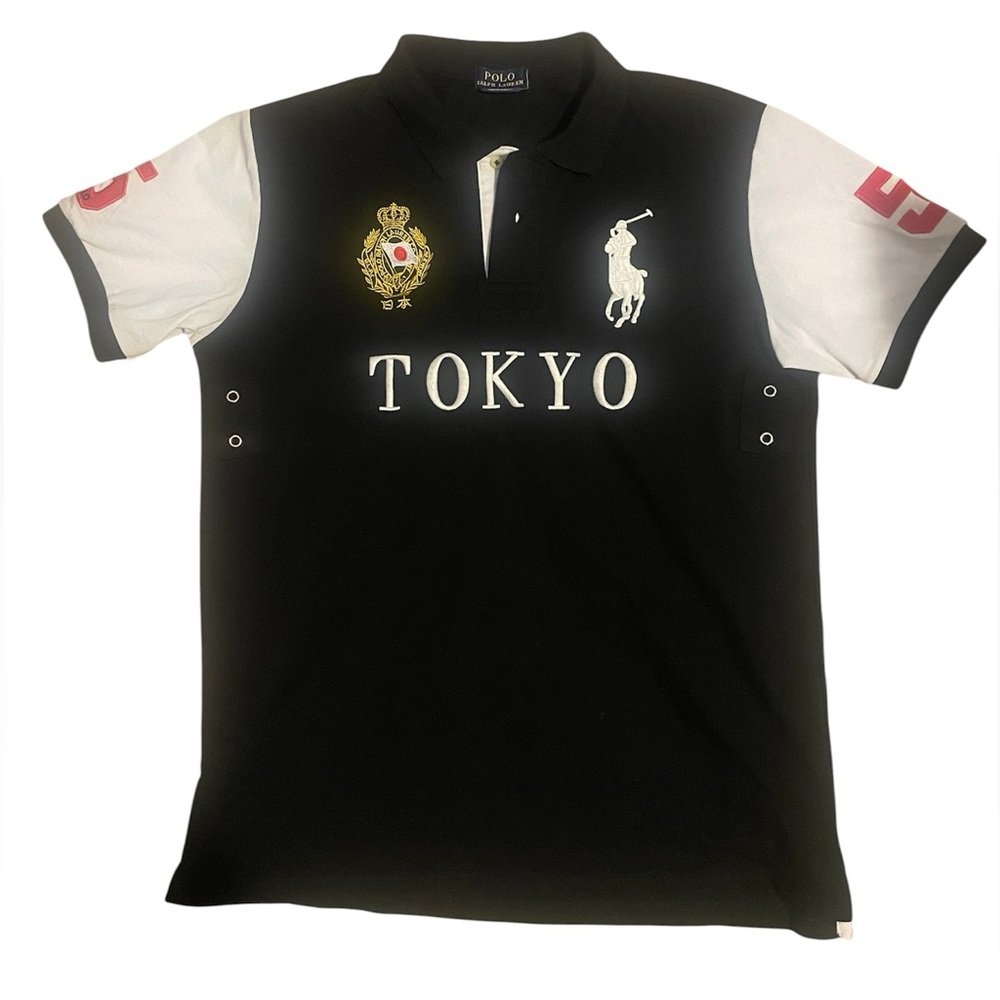 Polo by Ralph Lauren Black Polo Shirt with White Sleeves and Red Accents